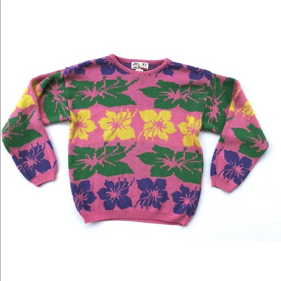 Vintage Colors by Brooks Womens Arylic Pink Multicolor Flowers LS Sweater - Picture 1 of 4